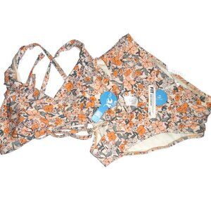 New Cupshe Bikini Top & Bottom Set Floral Orange 2 Piece Swimsuit Swimming 0X